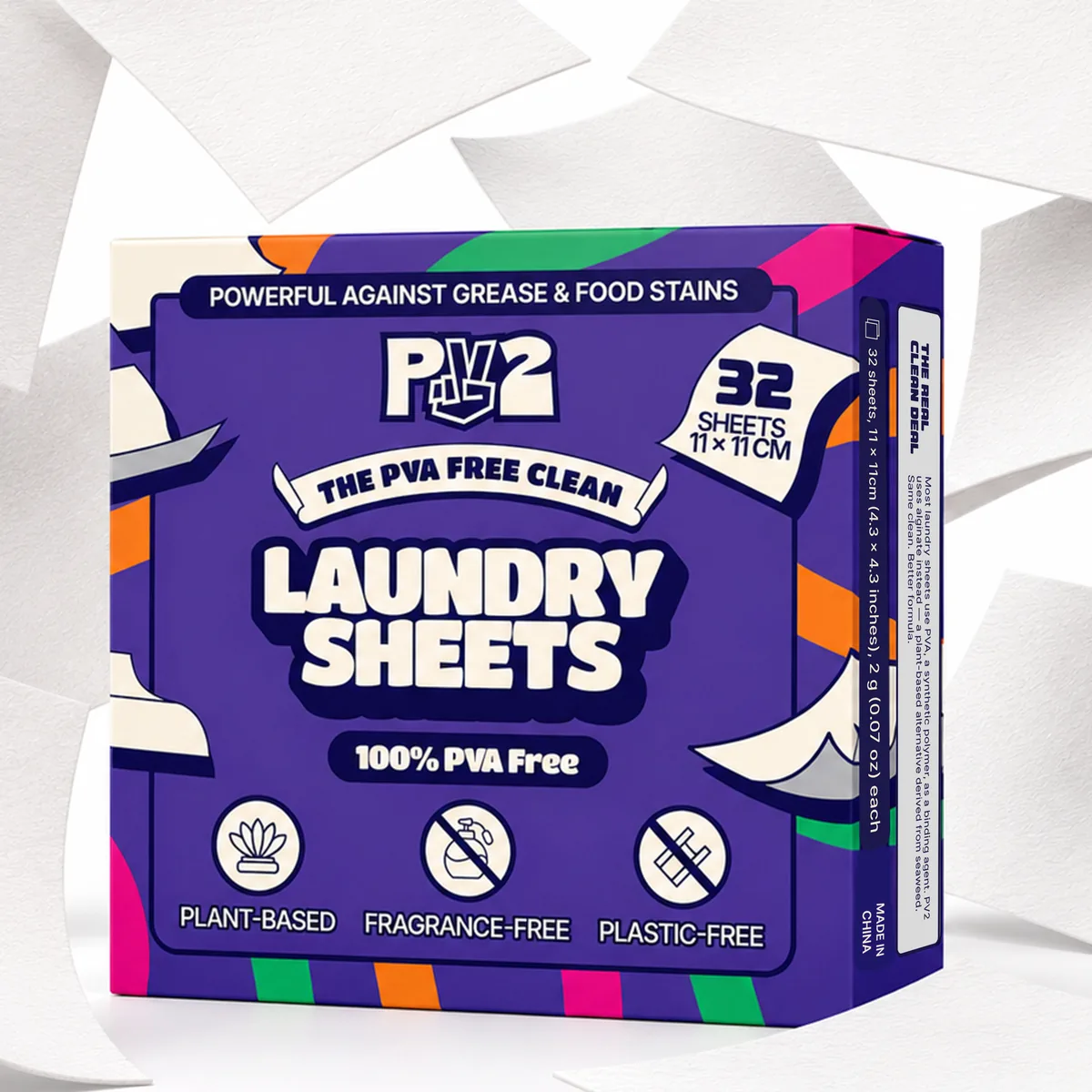 PV2 laundry sheets box surrounded by loose detergent sheets